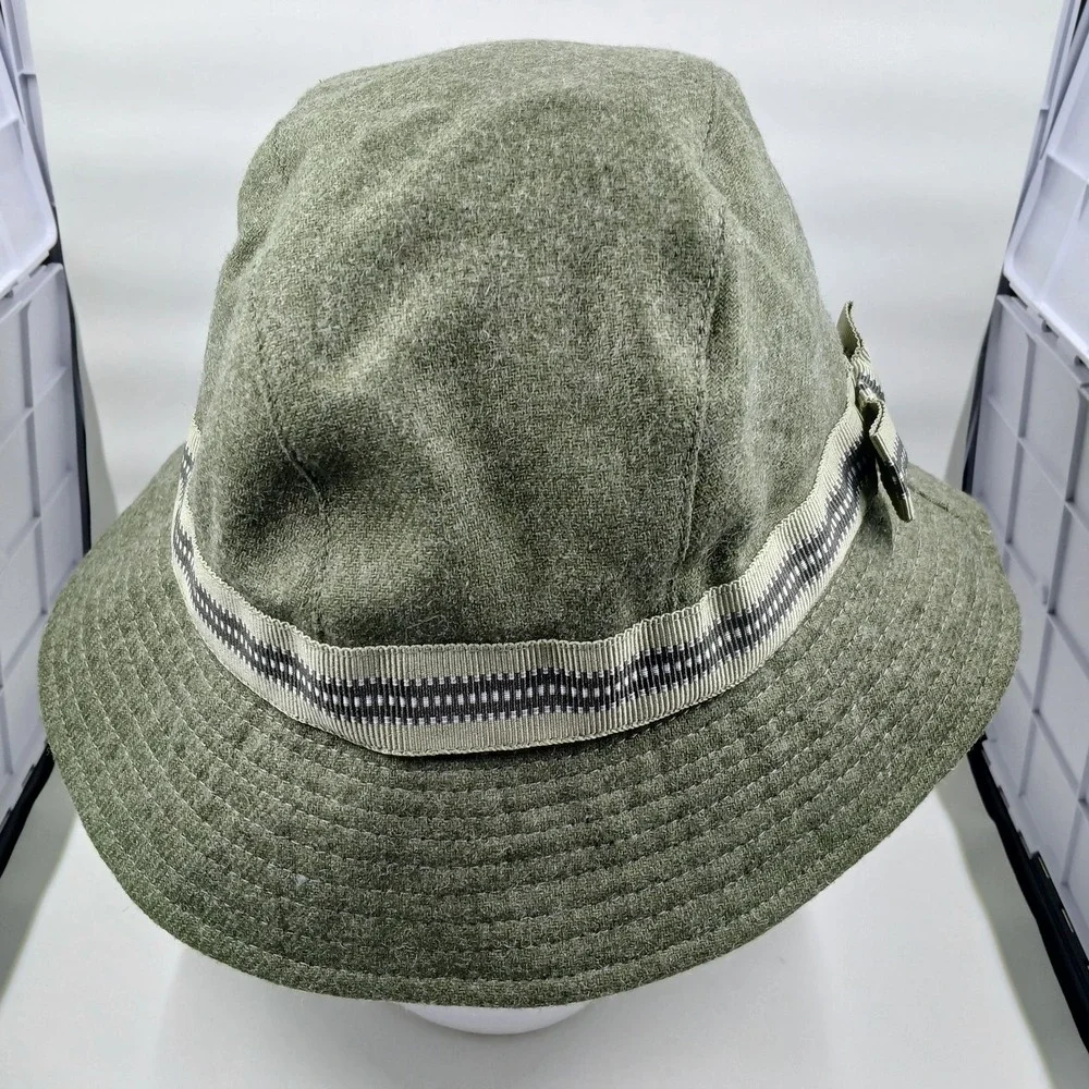 Liz Claiborne Hat Bucket Cloche Olive Green Wool Blend‎ Ribbon Band Bow Womens